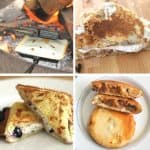 4 picture square image of pie iron recipes - pudgie pie blueberry french toast, pie iron tacos, S'more pie, and fajita pie